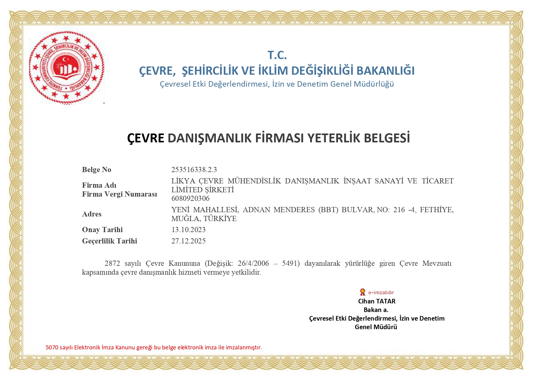 Çevre Danışmanlık Firması Yeterlik Belgesi